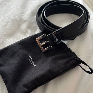 Saint Laurent Black Leather women Belt with Silver Buckle and YSL Detail